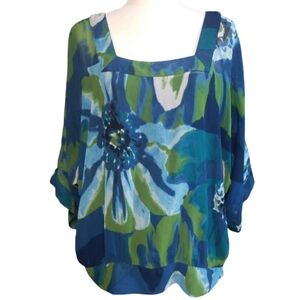 Floral Blue and Green Women's Short Sleeve Top